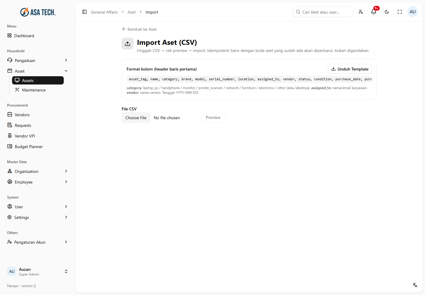 Halaman Import Aset CSV
