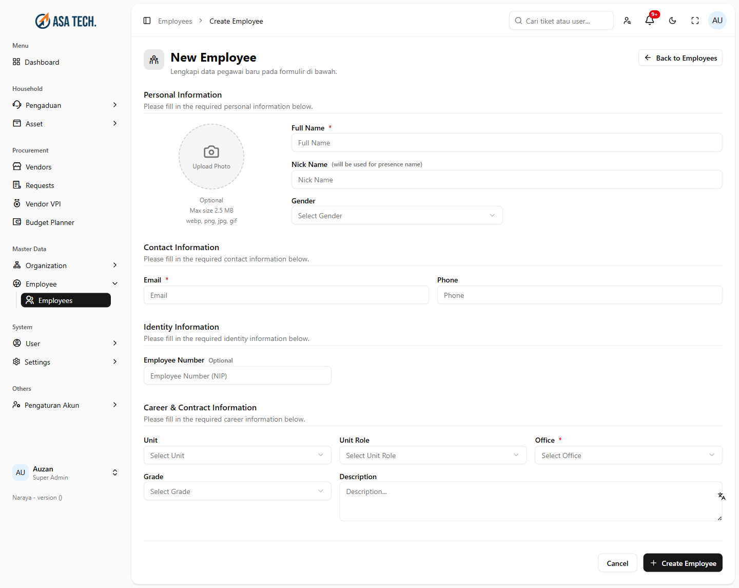 Formulir Create Employee