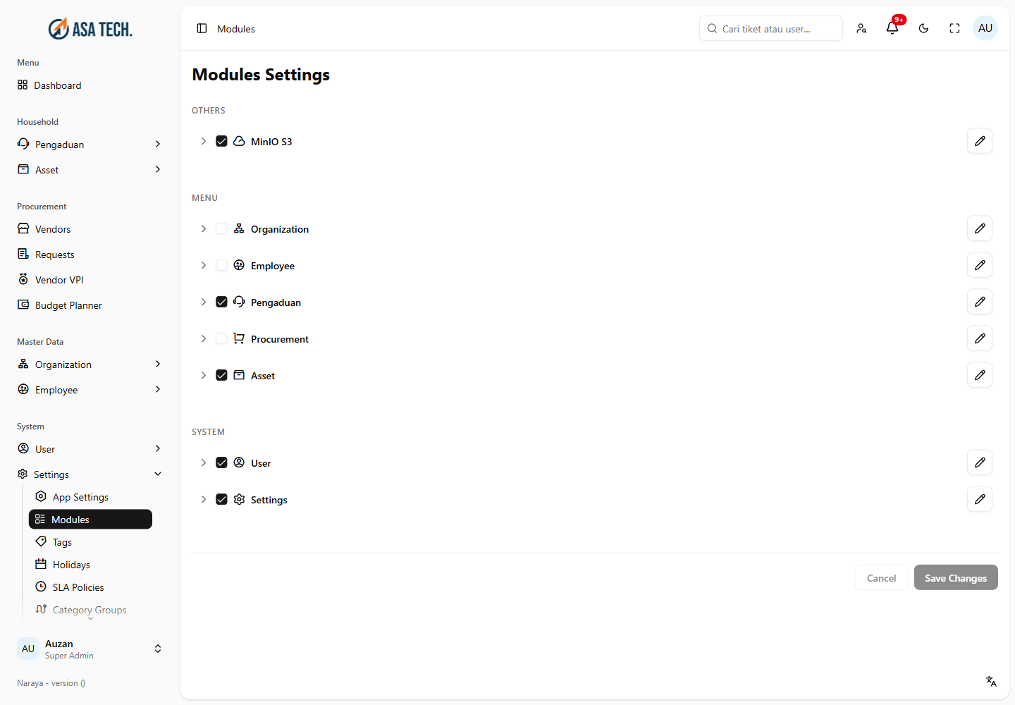 Halaman Modules Settings