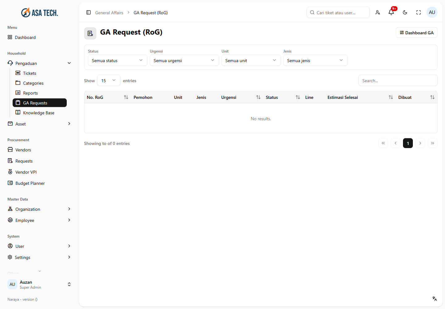 Daftar GA Request (RoG) beserta baris filter